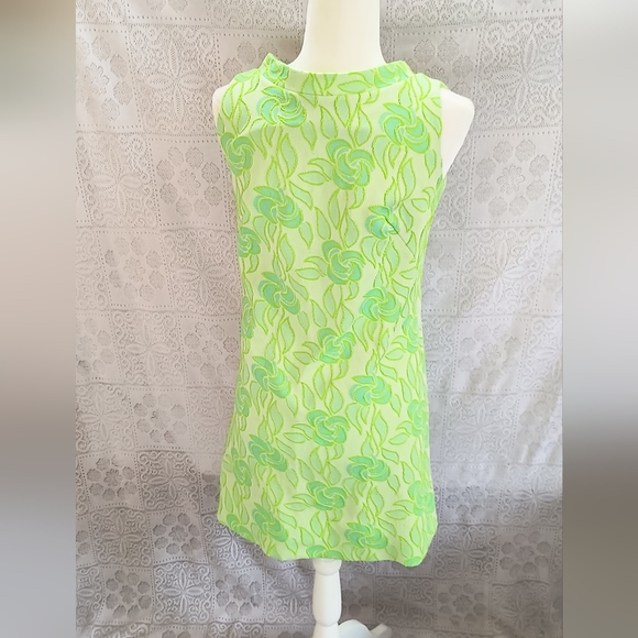 60s 70s Lime Green Flower Power Mod Retro GoGo Union Label Mini Dress Costume - Picture 3 of 10